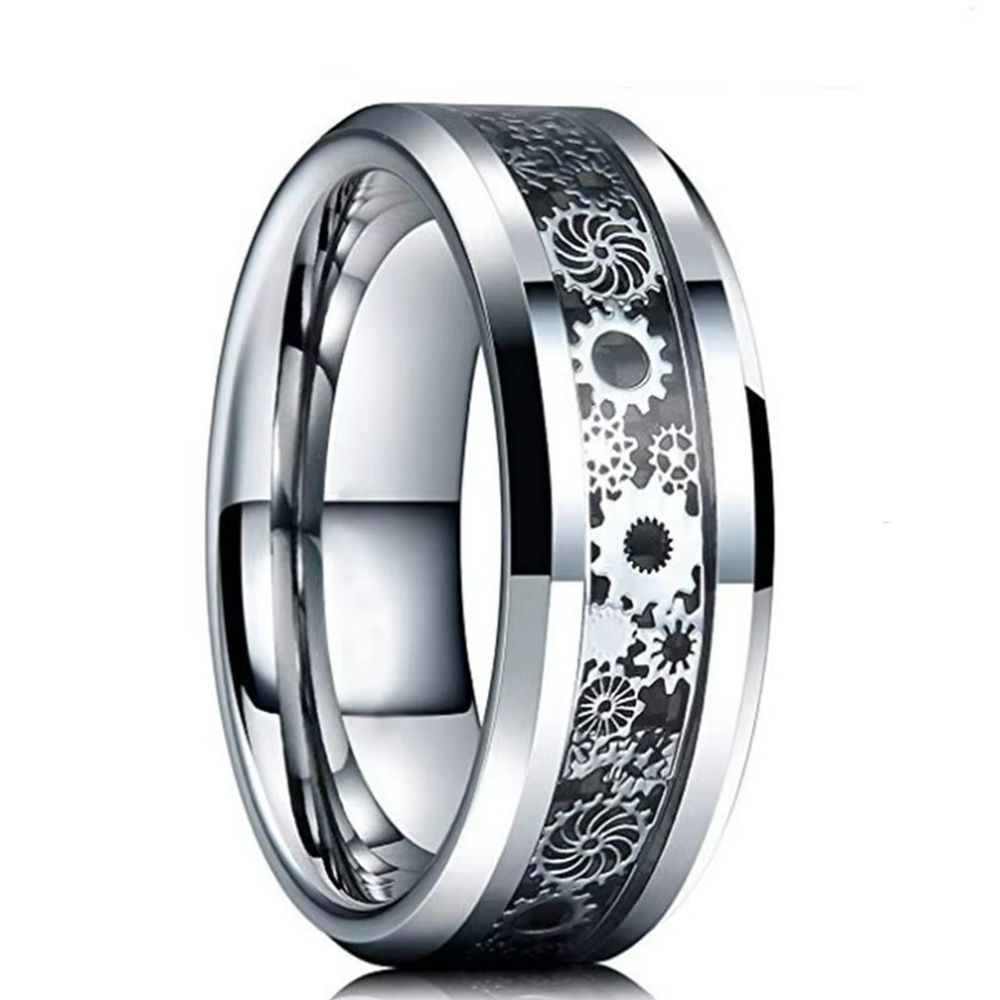 Men’s Bold Gear Ring – Silver with Black Inlay, Stainless Steel NIB